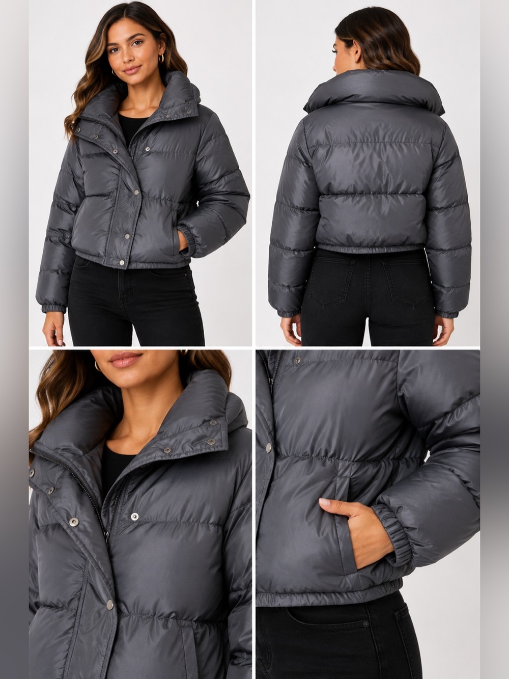Boohoo Black Cropped Puffer Jacket - Wide Funnel Neck Collar - NWOT